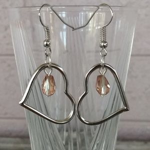 Silver Tone Heart Slider Earrings w Pink Crystal